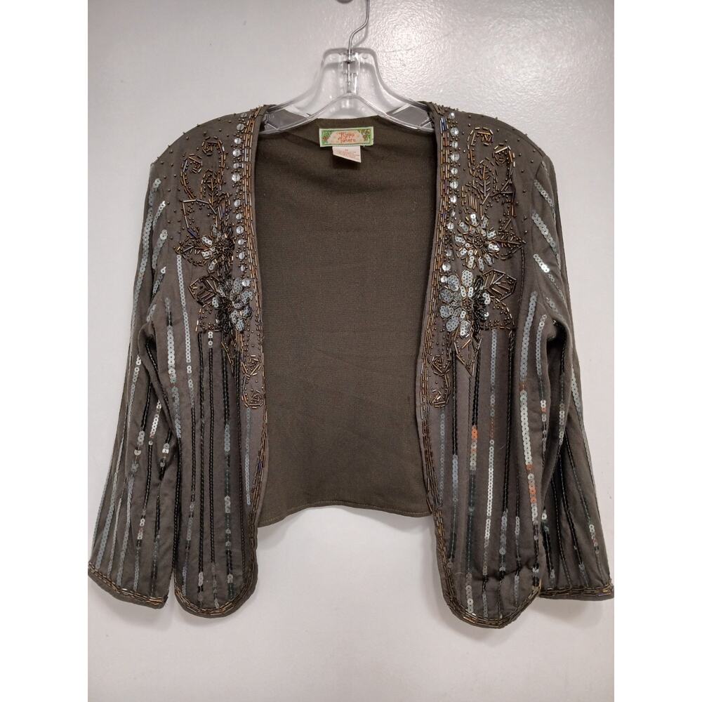 Vintage Beaded Sequins Jacket Sz M Brown Sparkle Wedding Party Elegant Regency